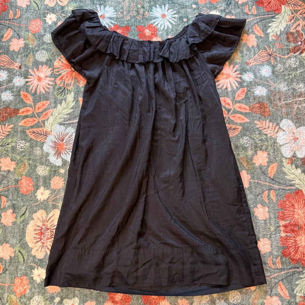 Ya-da Black Cotton Silk Ruffle Neck Mini Dress Medium Off Shoulder Pockets